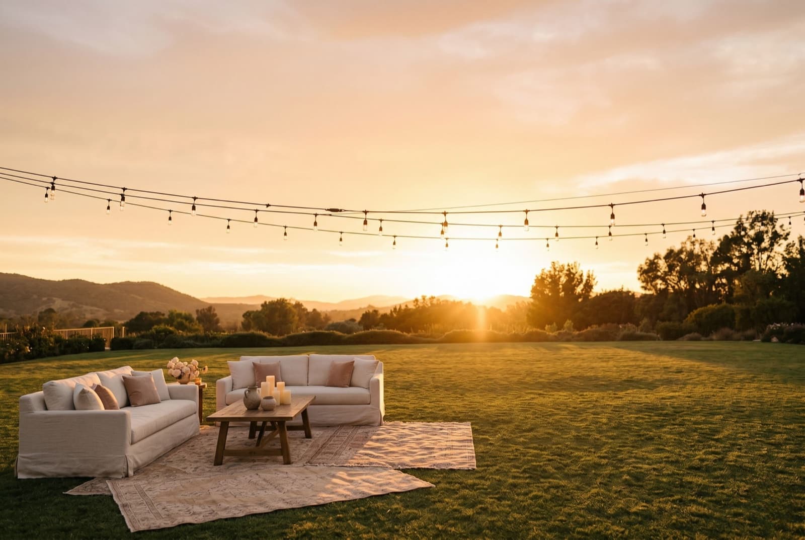 Sala lounge sobre el césped al atardecer, bajo series de focos y con montañas al fondo