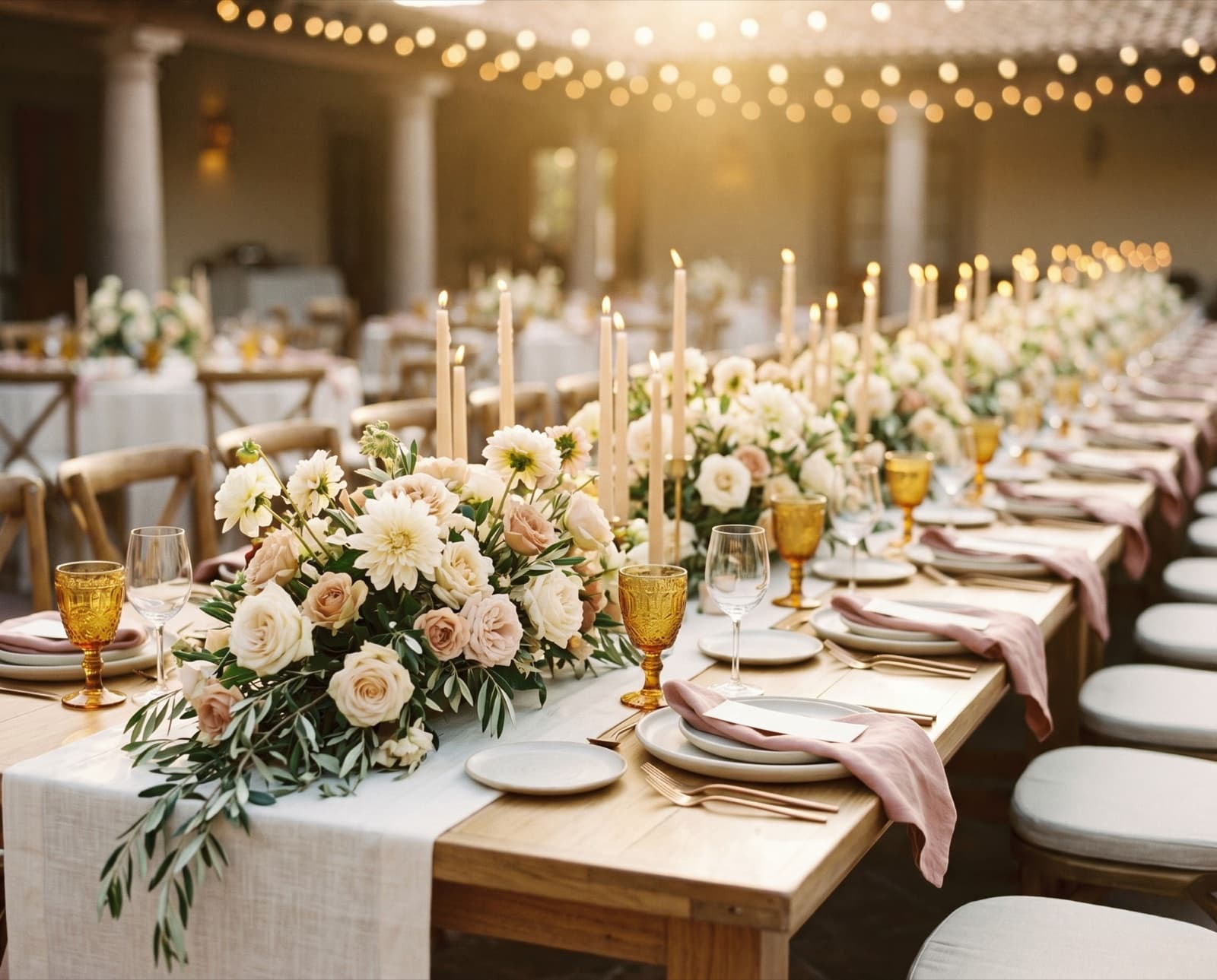 Mesa imperial con centros de rosas, velas altas y copas ámbar bajo luces de feria