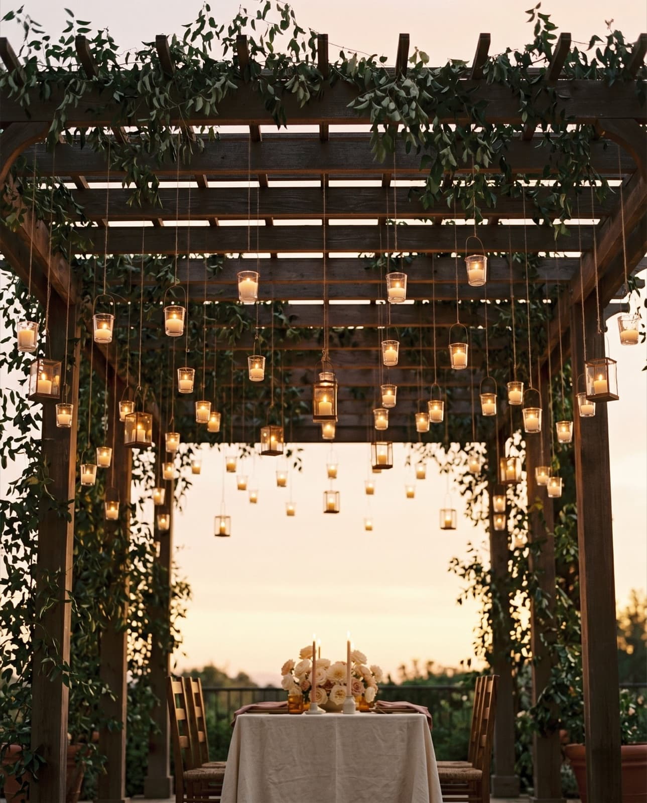 Pérgola cubierta de follaje con decenas de velas suspendidas sobre la mesa, al atardecer