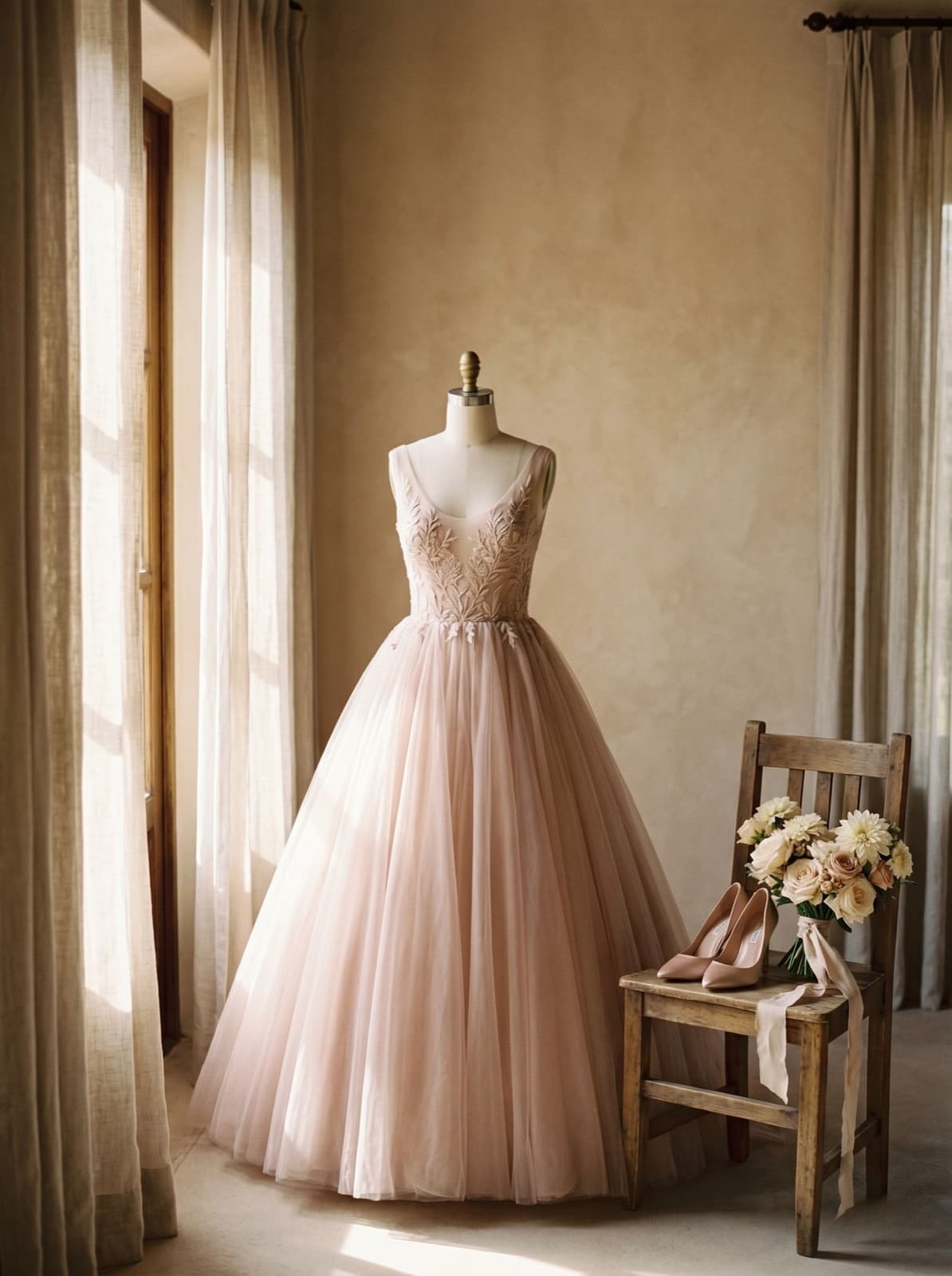 Vestido de XV años en tul rosa empolvado sobre maniquí, con zapatillas y ramo junto a la ventana